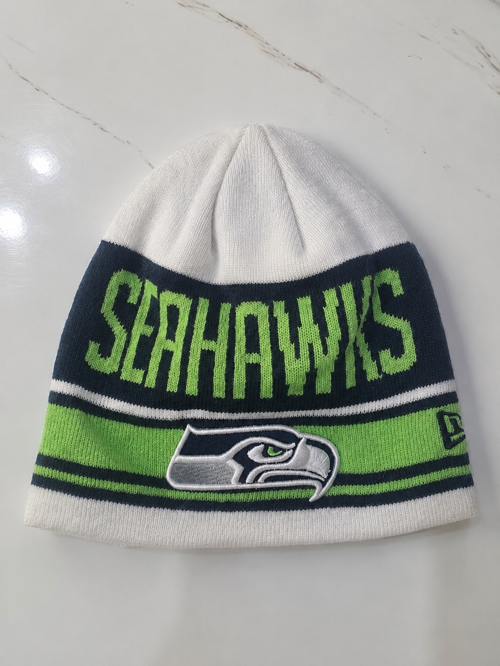 New Era Kids Seahawks Knit Beanie in White, Navy & Neon Green